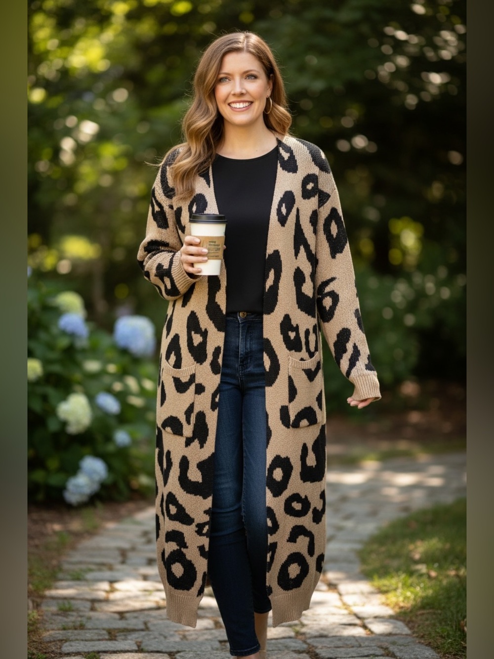Goodnight Macaroon Beige and Black Leopard Long Open-Front Cardigan